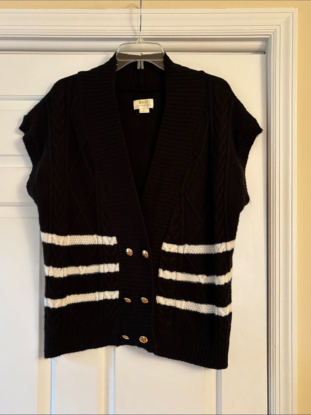 Maeve Anthropology Black Short-Sleeve Cable Knit Cardigan with White Stripes